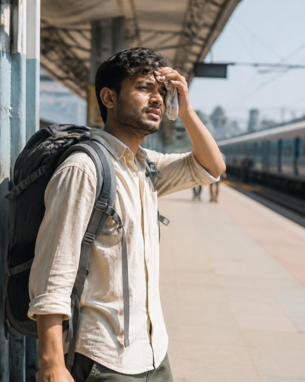 Traveller with a backpack wiping his brow on a hot railway platform
