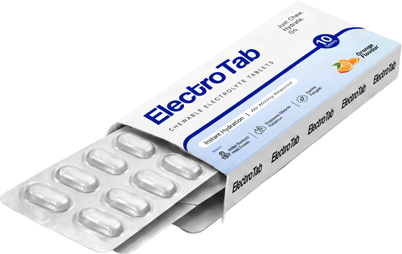 ElectroTab chewable electrolyte tablets carton with the blister strip of 10 tablets partly out